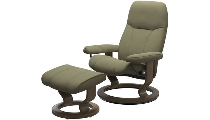 Stressless Consul Classic Recliner and Stool in Calido Light Green Fabric with Smoked Oak Wood Stain